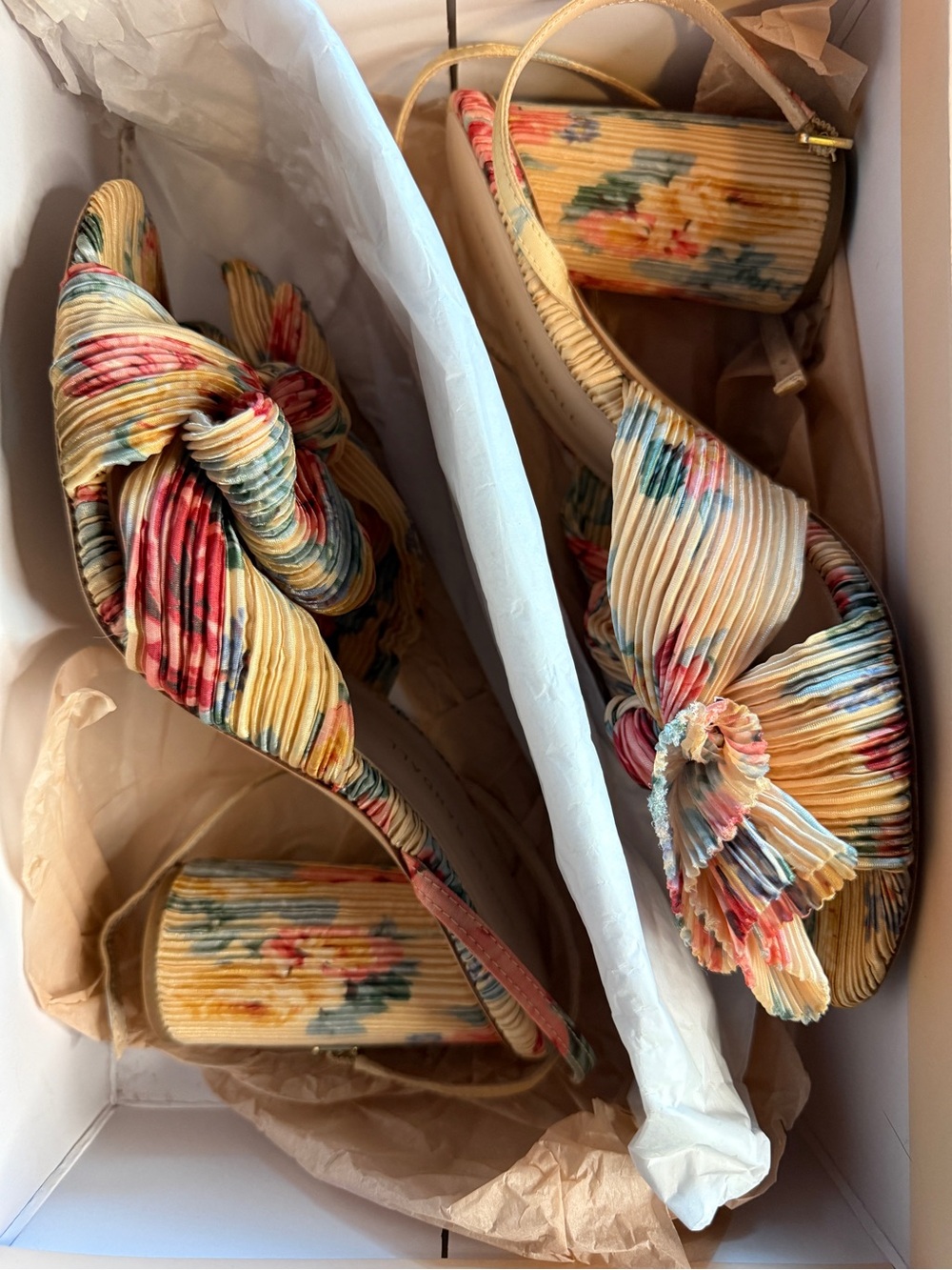Loeffler Randall Yellow Multi Pleated Knot Block Heel Sandals